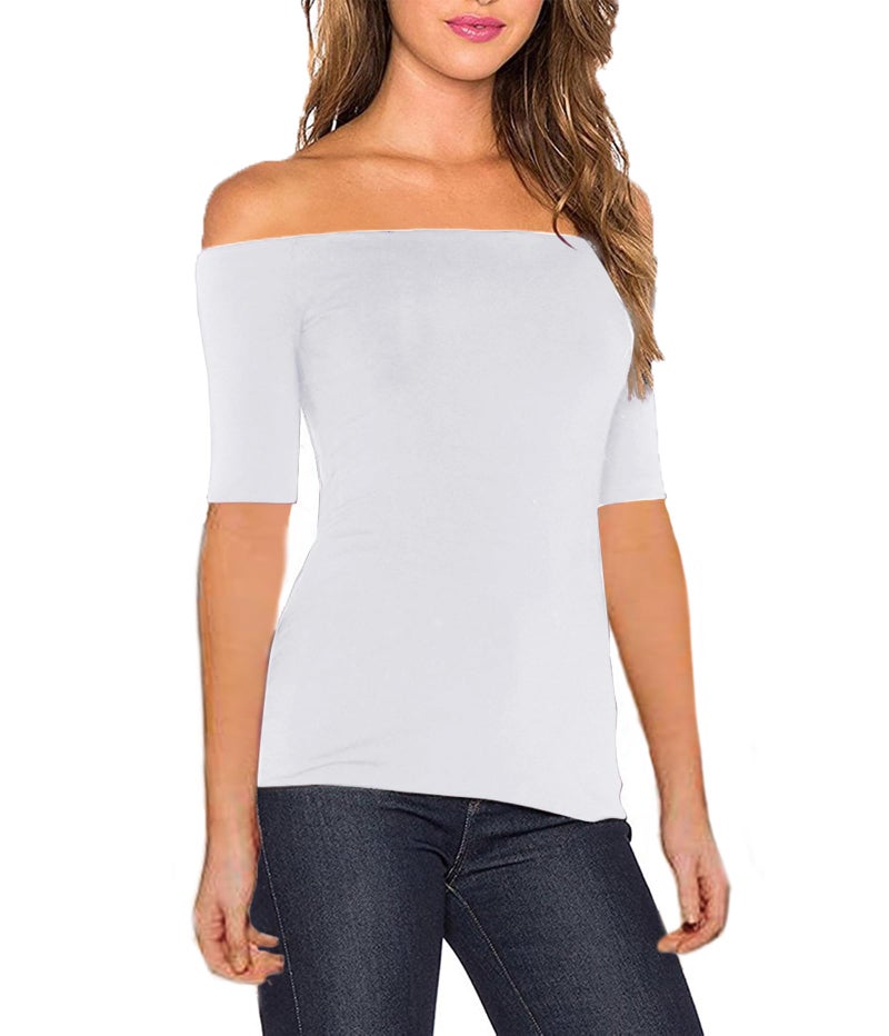 Sarin Mathews Women's Sexy Slim Fit Stretchy Off Shoulder Elbow Half Sleeve Blouse Tops White L - Image 2